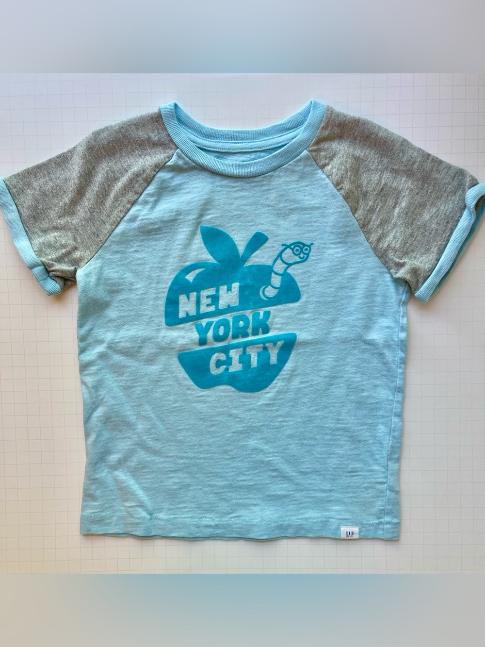 GAP Light Blue Boys Tee with Gray Raglan Sleeves and Teal NYC Apple Graphic
